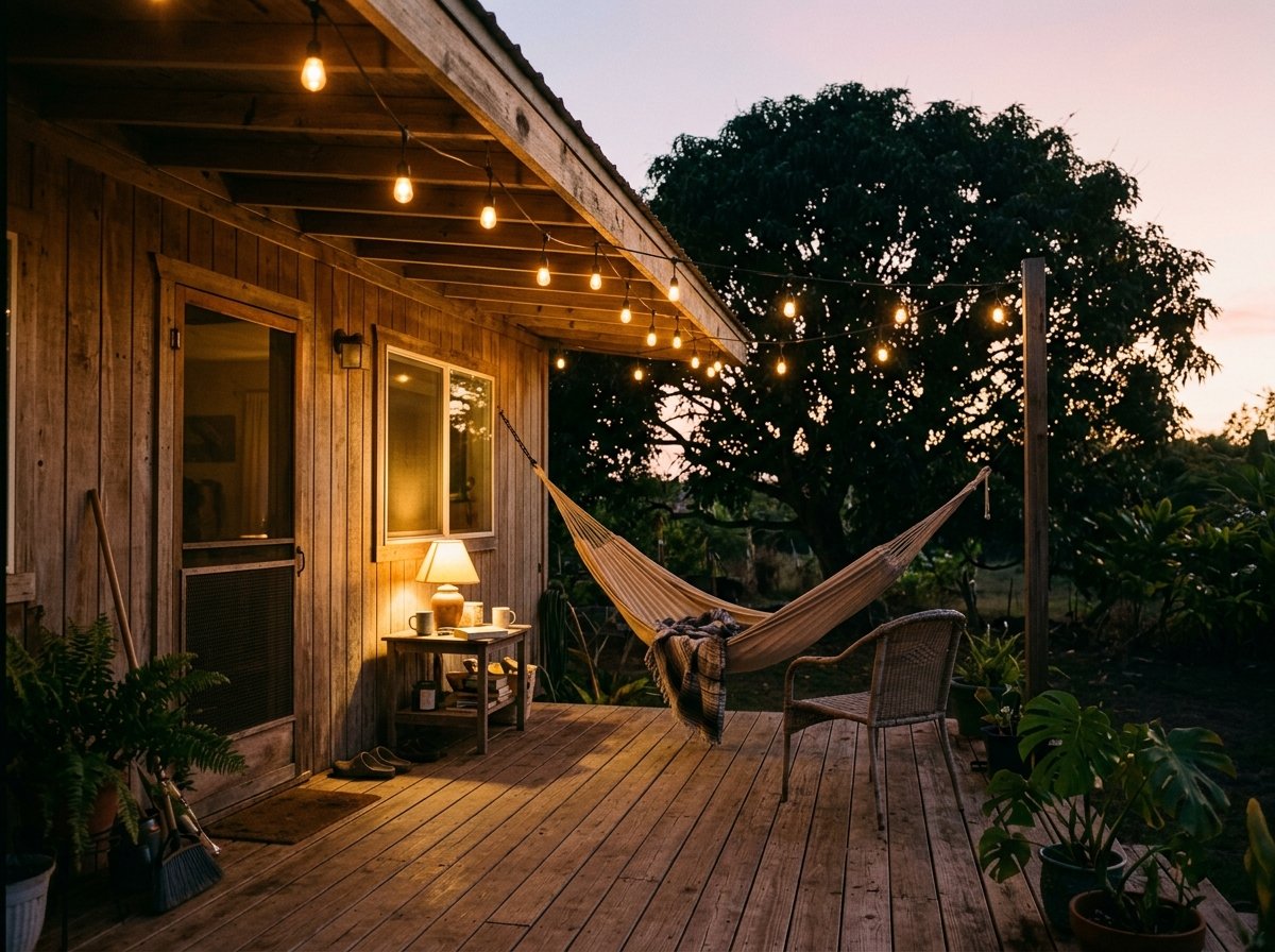 Deck de Casa Mango al atardecer